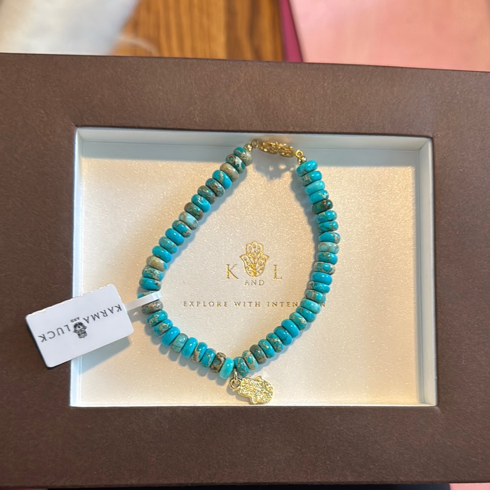 Blue and Gold Beaded Bracelet with Natural Turquoise Stones